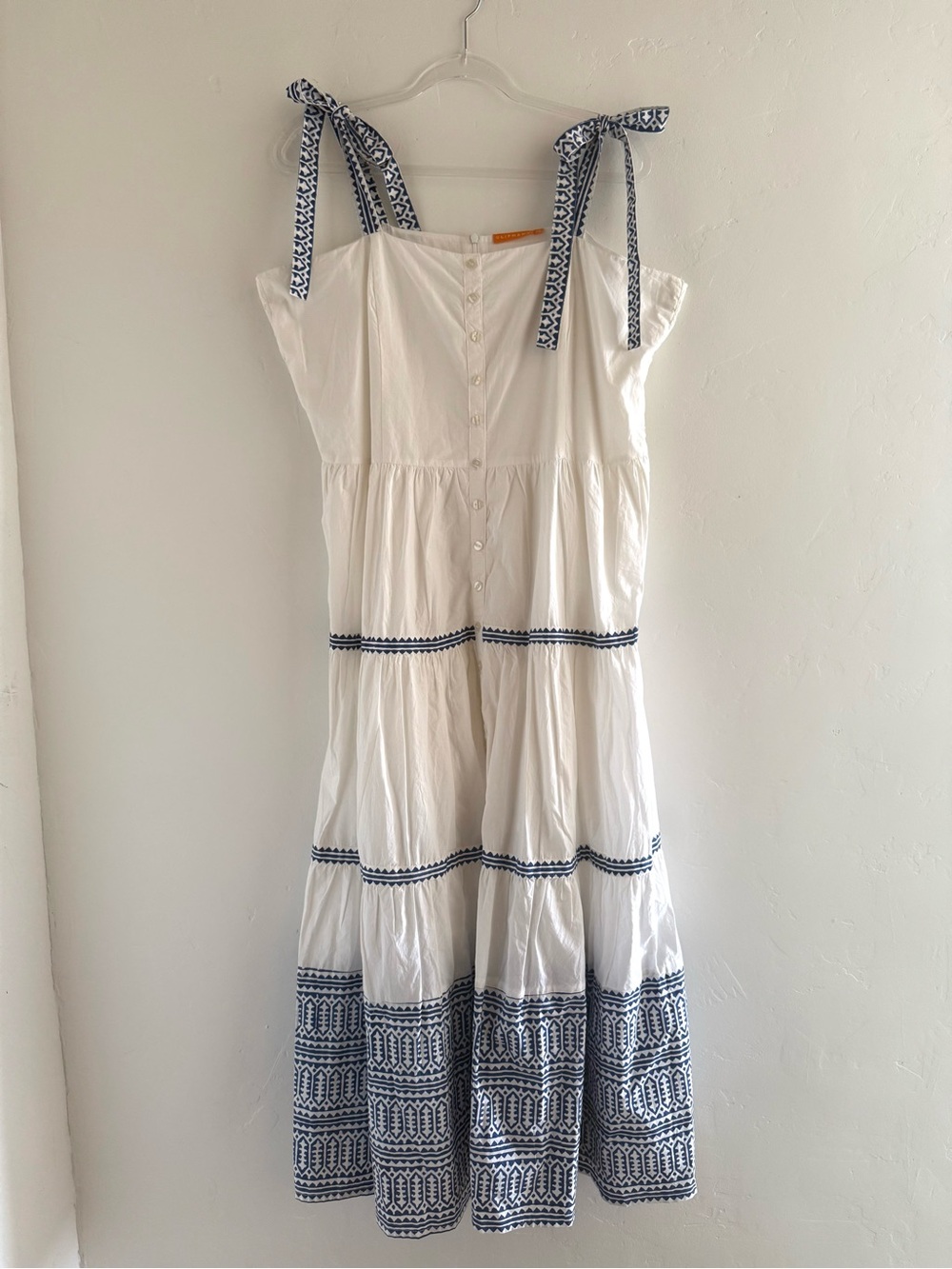 Oliphant Tie Strap Cotton Button Front Tiered Midi Dress White Blue XL Mykonos